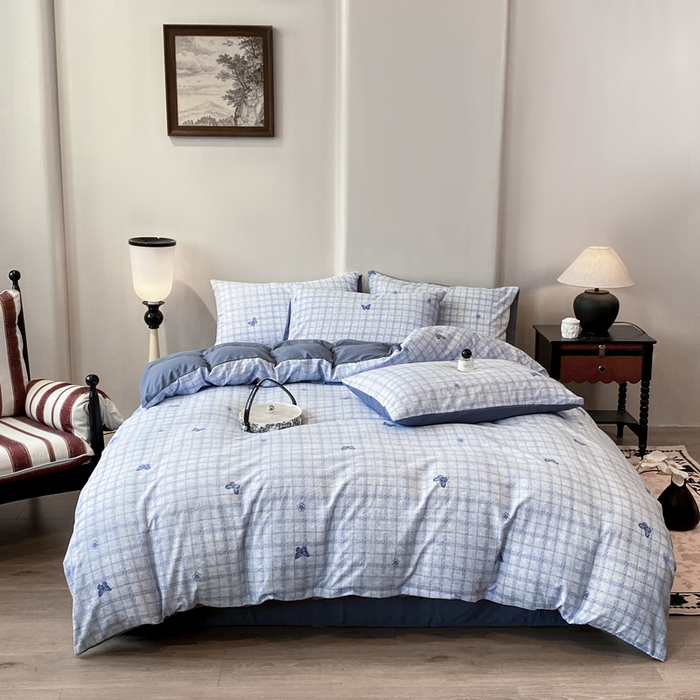 91家纺网 家纺一手货源 找家纺 红日子纺织品 2026春夏云感复古+小清新皱皱纱四件套 蝶舞-兰