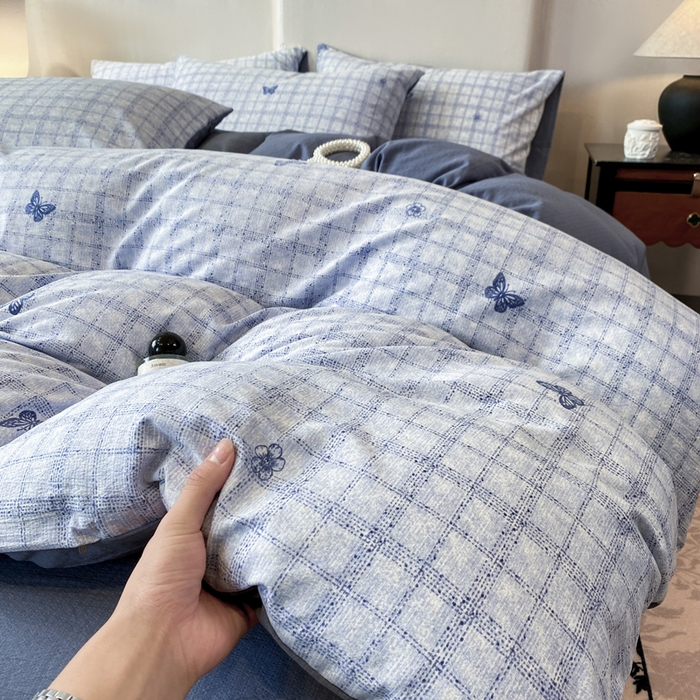 91家纺网 家纺一手货源 找家纺 红日子纺织品 2026春夏云感复古+小清新皱皱纱四件套 蝶舞-兰