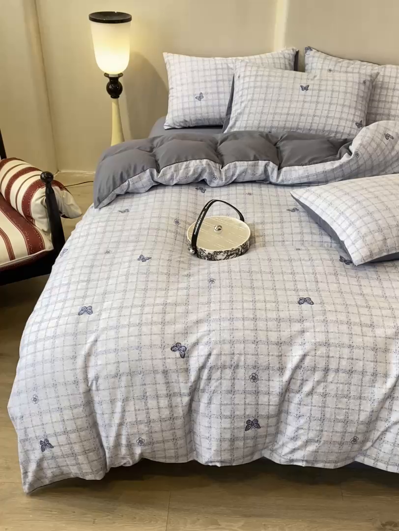 91家纺网 家纺一手货源 找家纺 红日子纺织品 2026春夏云感复古+小清新皱皱纱四件套 蝶舞-兰