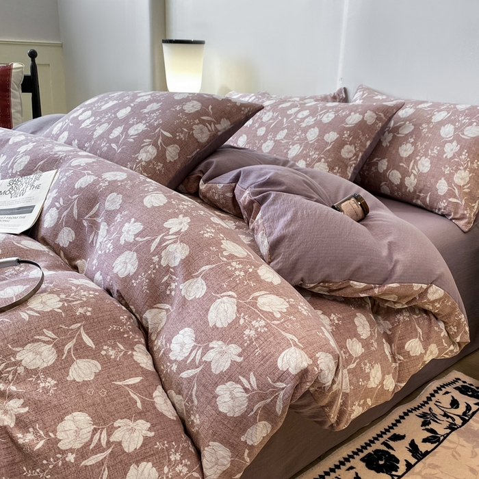 91家纺网 家纺一手货源 找家纺 红日子纺织品 2026春夏云感复古+小清新皱皱纱四件套 芳馨-豆沙