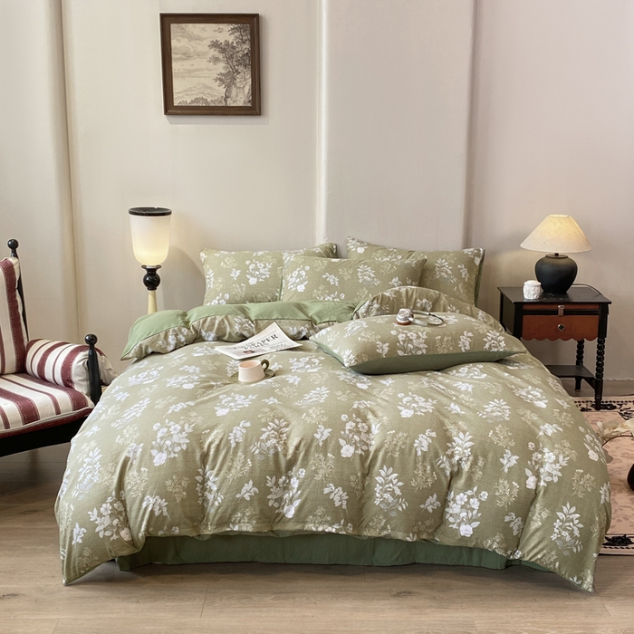 91家纺网 家纺一手货源 找家纺 红日子纺织品 2026春夏云感复古+小清新皱皱纱四件套 锦绣-绿