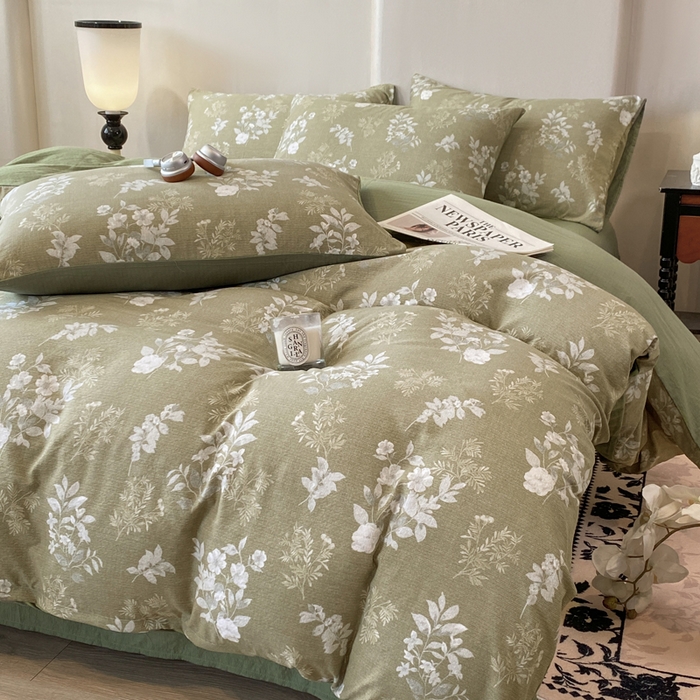 91家纺网 家纺一手货源 找家纺 红日子纺织品 2026春夏云感复古+小清新皱皱纱四件套 锦绣-绿