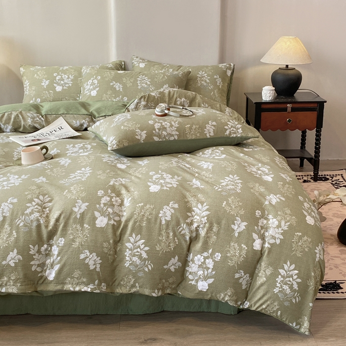 91家纺网 家纺一手货源 找家纺 红日子纺织品 2026春夏云感复古+小清新皱皱纱四件套 锦绣-绿