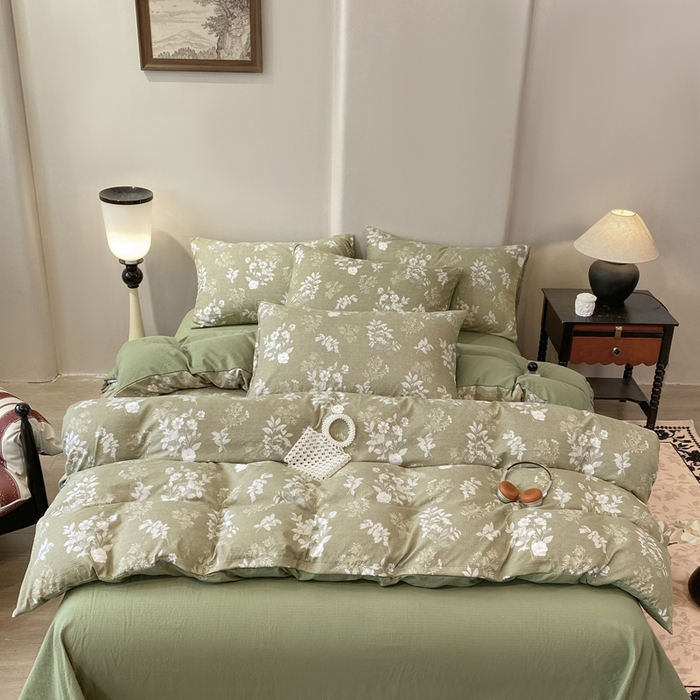 91家纺网 家纺一手货源 找家纺 红日子纺织品 2026春夏云感复古+小清新皱皱纱四件套 锦绣-绿