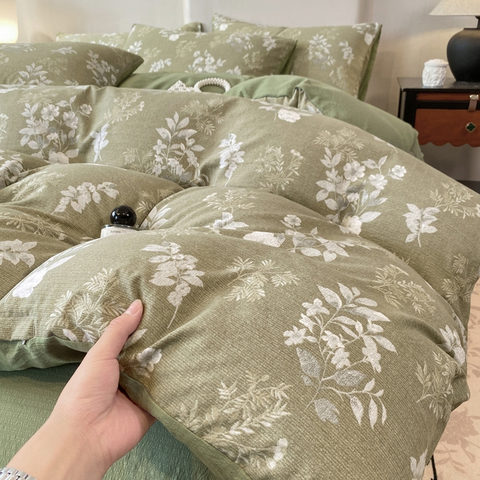 91家纺网 家纺一手货源 找家纺 红日子纺织品 2026春夏云感复古+小清新皱皱纱四件套 锦绣-绿