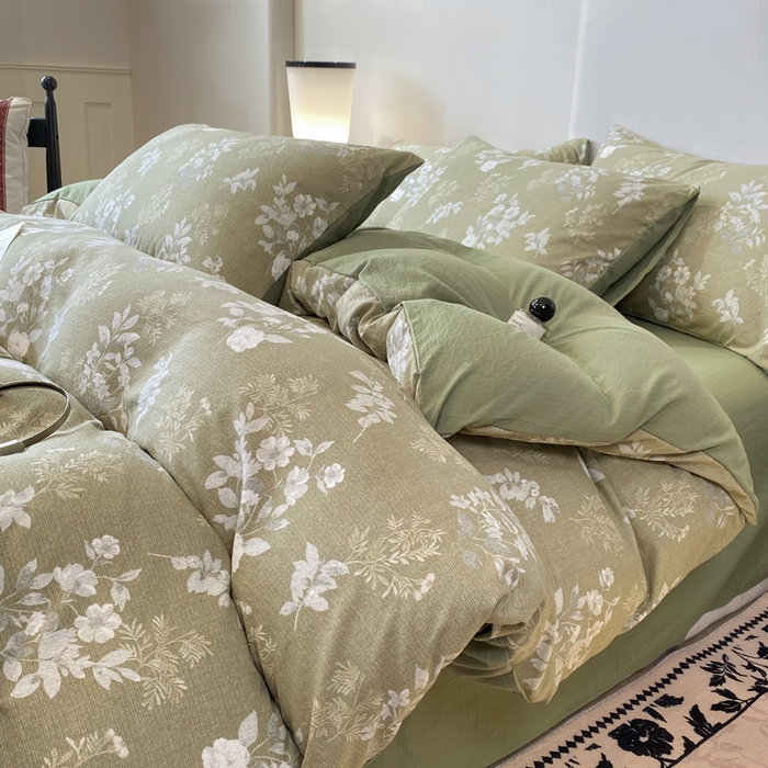 91家纺网 家纺一手货源 找家纺 红日子纺织品 2026春夏云感复古+小清新皱皱纱四件套 锦绣-绿