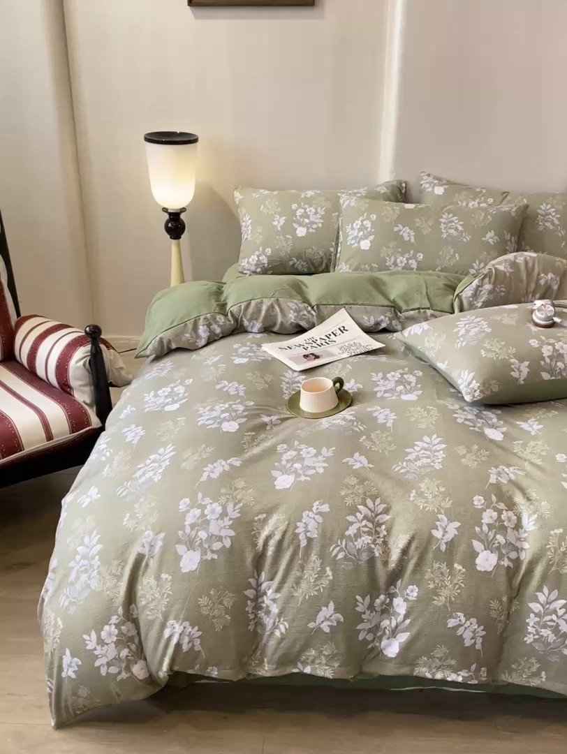 91家纺网 家纺一手货源 找家纺 红日子纺织品 2026春夏云感复古+小清新皱皱纱四件套 锦绣-绿