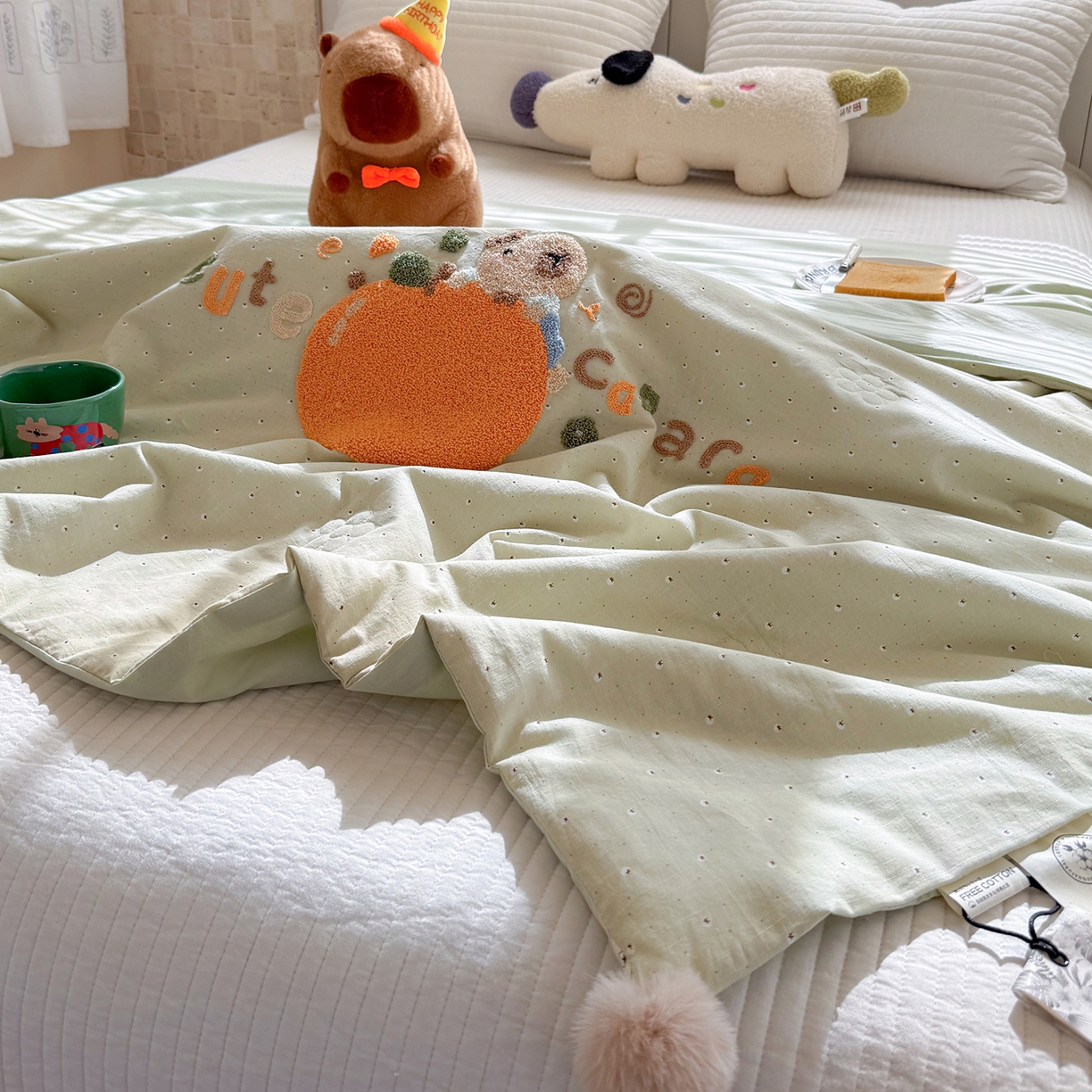 91家纺网 家纺一手货源 找家纺 有货 2026新款棉麻提花印花毛巾绣夏被春秋被被子被芯-甜趣 橘子卡比