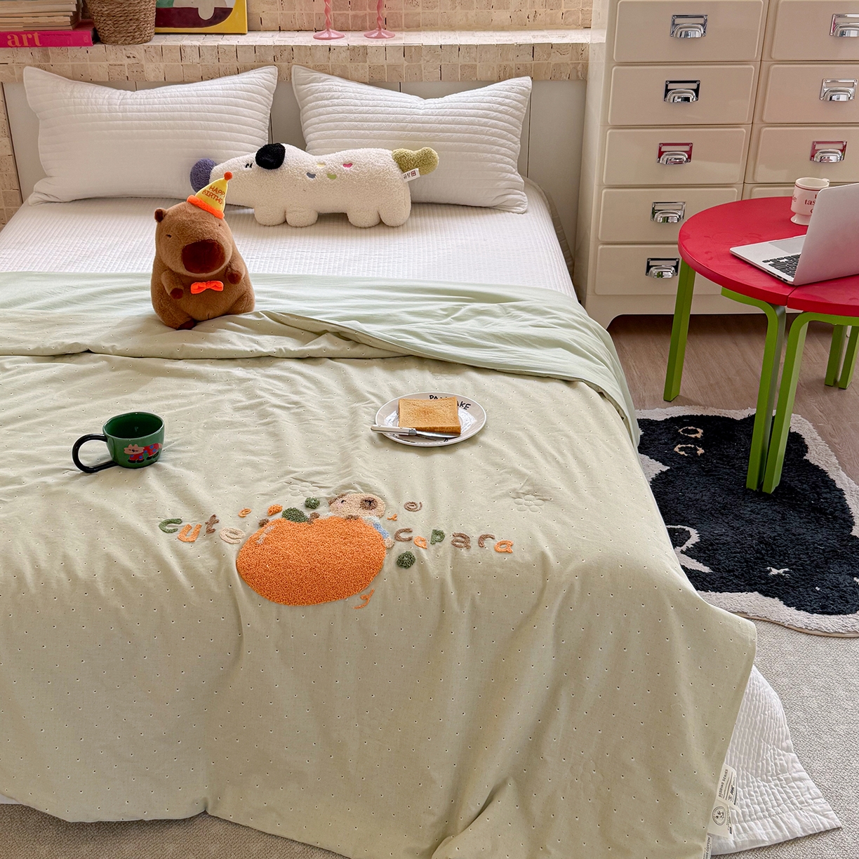 91家纺网 家纺一手货源 找家纺 有货 2026新款棉麻提花印花毛巾绣夏被春秋被被子被芯-甜趣 橘子卡比