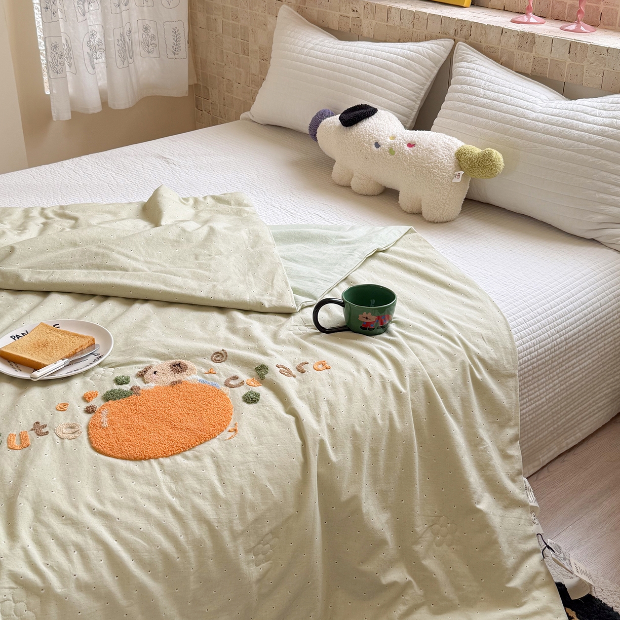 91家纺网 家纺一手货源 找家纺 有货 2026新款棉麻提花印花毛巾绣夏被春秋被被子被芯-甜趣 橘子卡比