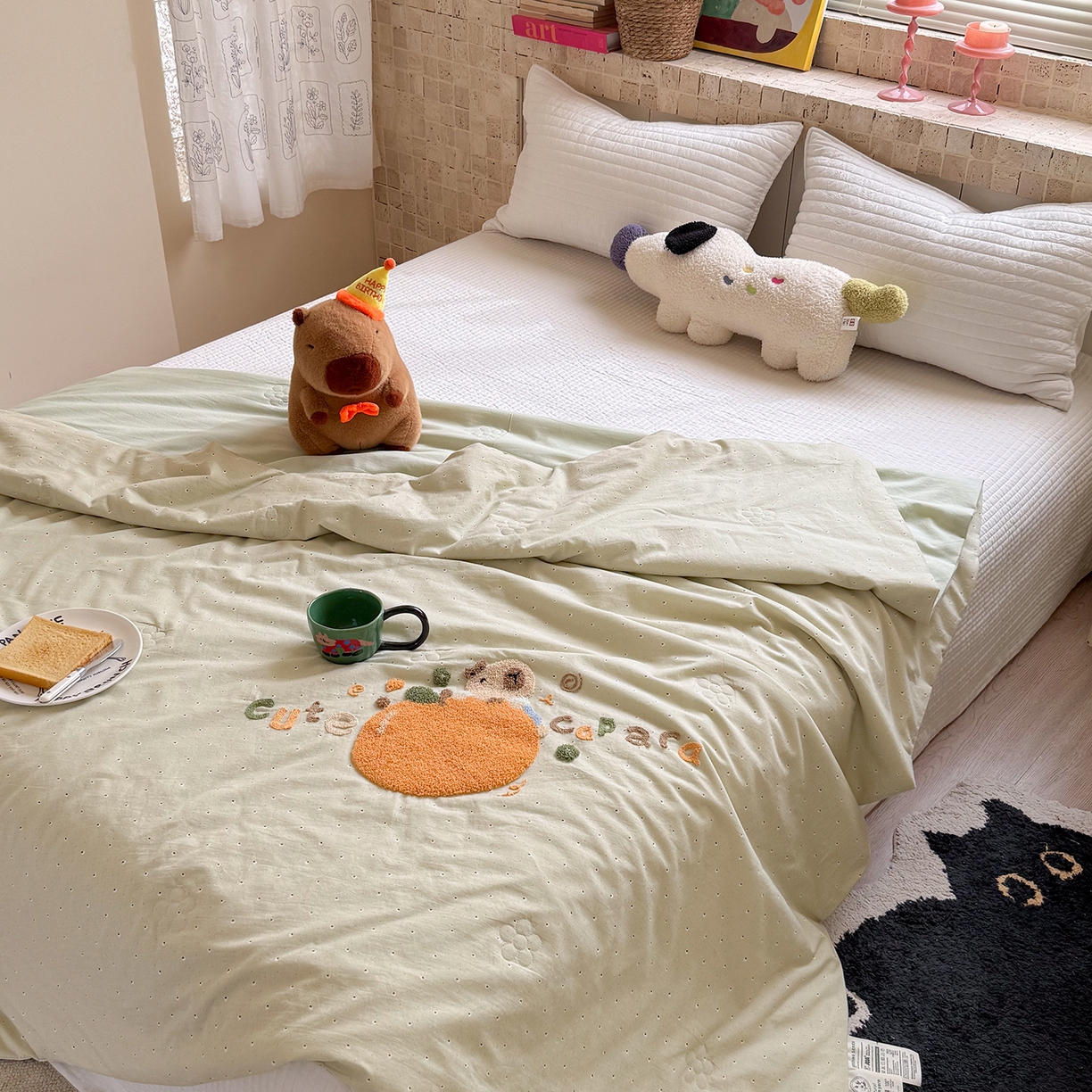 91家纺网 家纺一手货源 找家纺 有货 2026新款棉麻提花印花毛巾绣夏被春秋被被子被芯-甜趣 橘子卡比