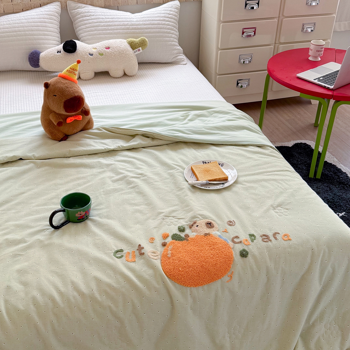 91家纺网 家纺一手货源 找家纺 有货 2026新款棉麻提花印花毛巾绣夏被春秋被被子被芯-甜趣 橘子卡比