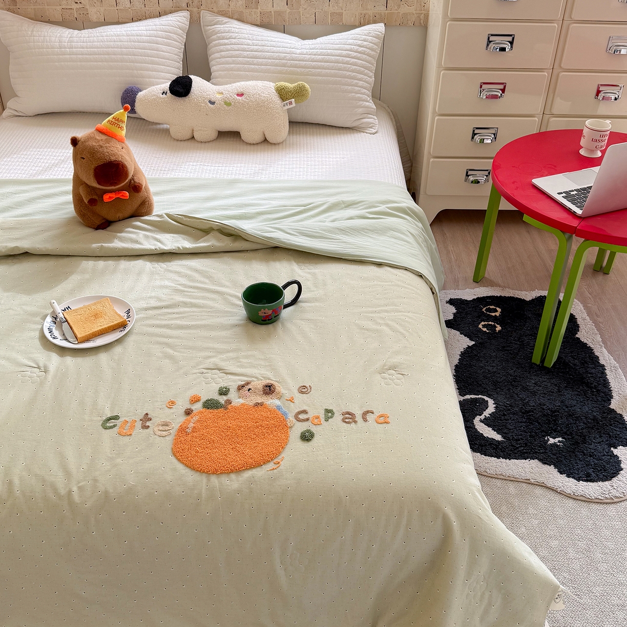 91家纺网 家纺一手货源 找家纺 有货 2026新款棉麻提花印花毛巾绣夏被春秋被被子被芯-甜趣 橘子卡比