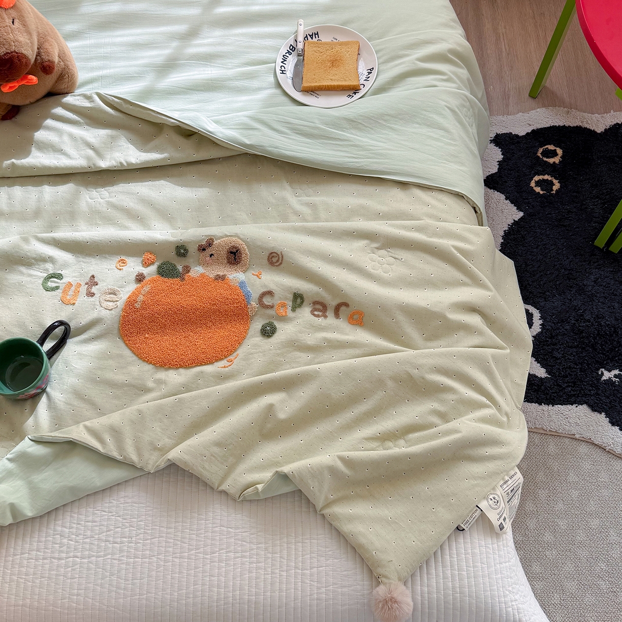 91家纺网 家纺一手货源 找家纺 有货 2026新款棉麻提花印花毛巾绣夏被春秋被被子被芯-甜趣 橘子卡比