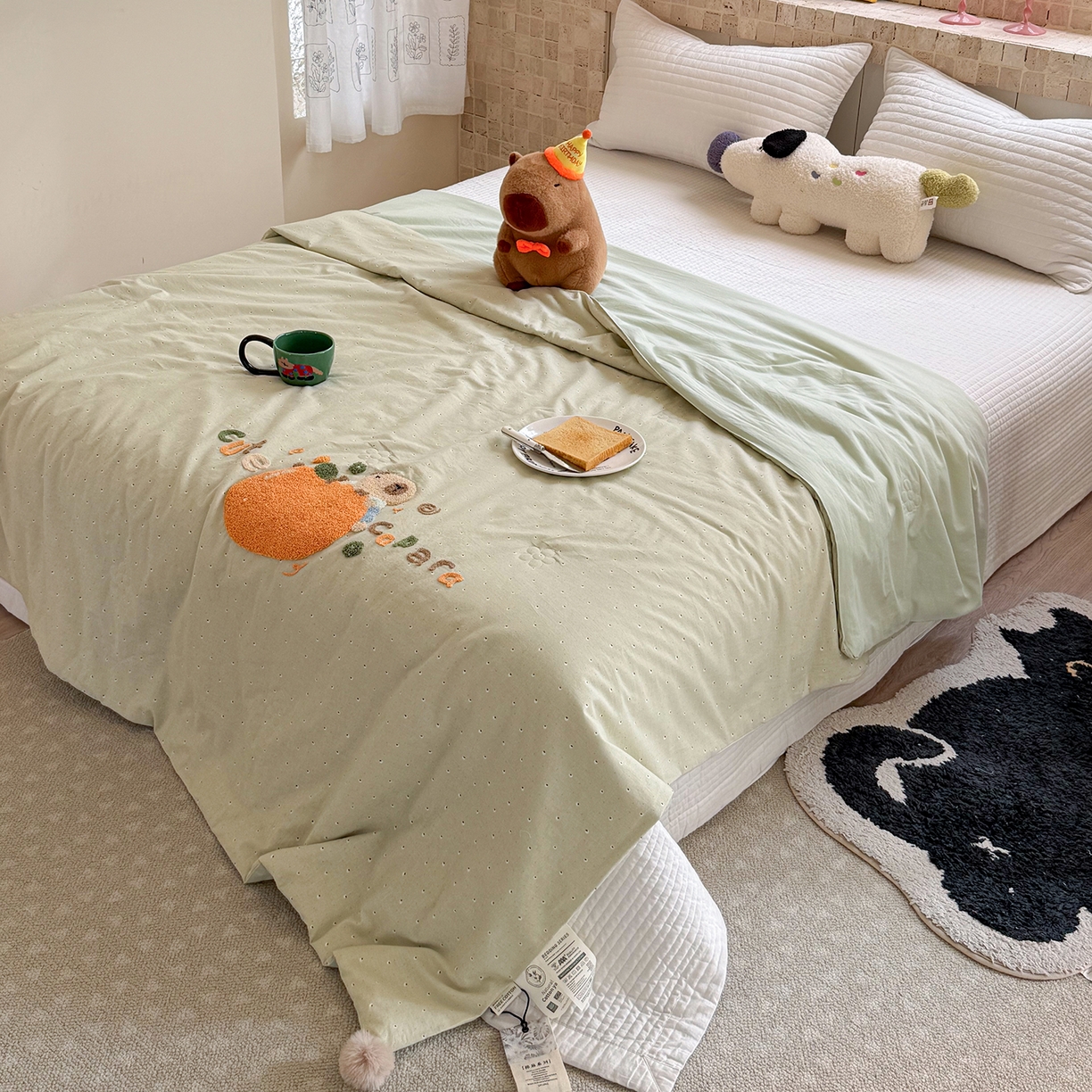 91家纺网 家纺一手货源 找家纺 有货 2026新款棉麻提花印花毛巾绣夏被春秋被被子被芯-甜趣 橘子卡比