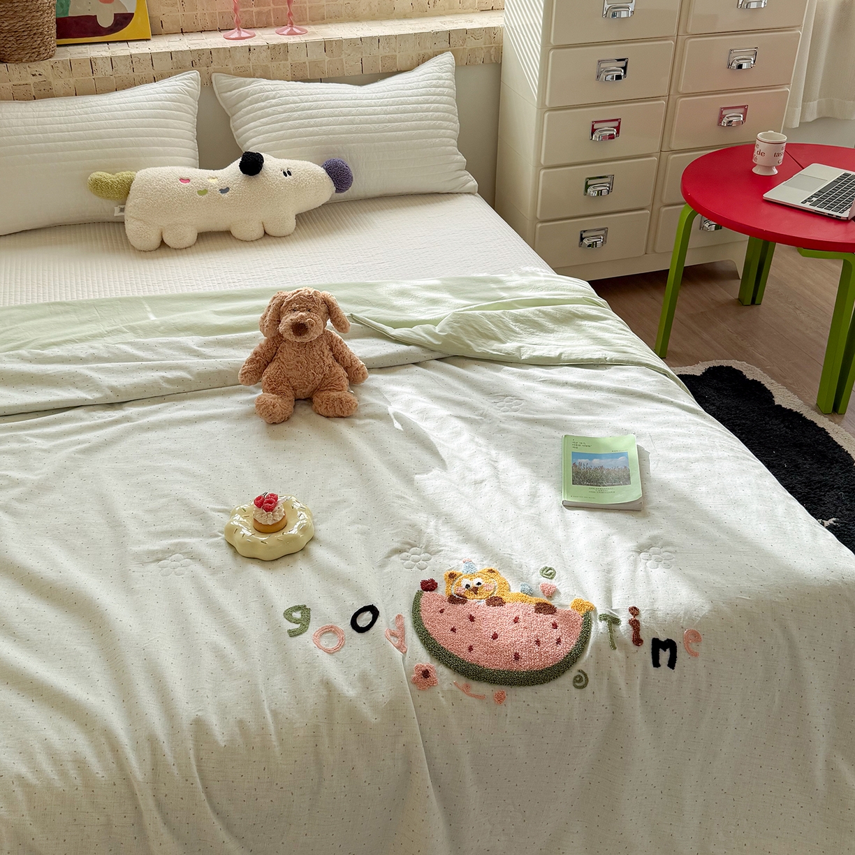 91家纺网 家纺一手货源 找家纺 有货 2026新款棉麻提花印花毛巾绣夏被春秋被被子被芯-甜趣 西瓜猫