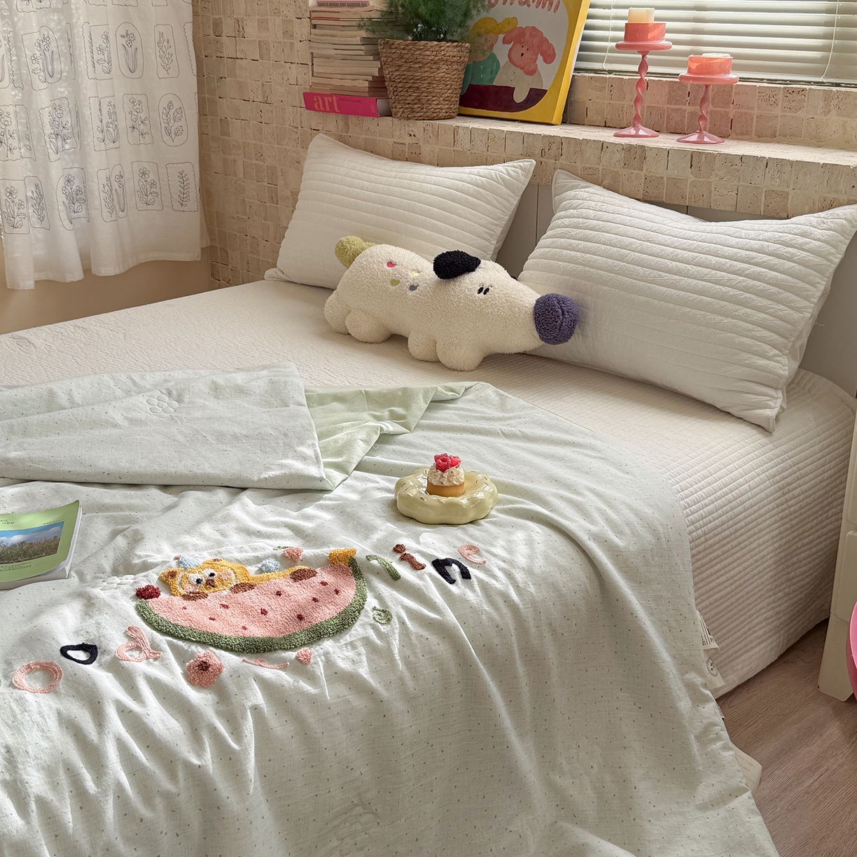 91家纺网 家纺一手货源 找家纺 有货 2026新款棉麻提花印花毛巾绣夏被春秋被被子被芯-甜趣 西瓜猫