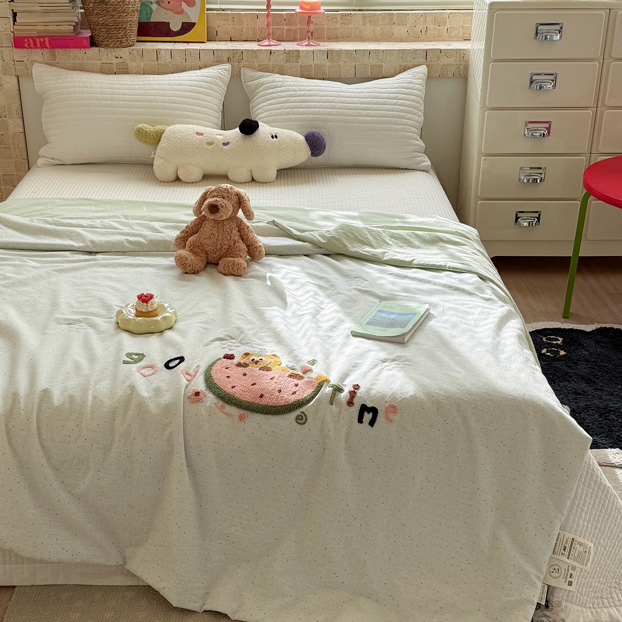 91家纺网 家纺一手货源 找家纺 有货 2026新款棉麻提花印花毛巾绣夏被春秋被被子被芯-甜趣 西瓜猫