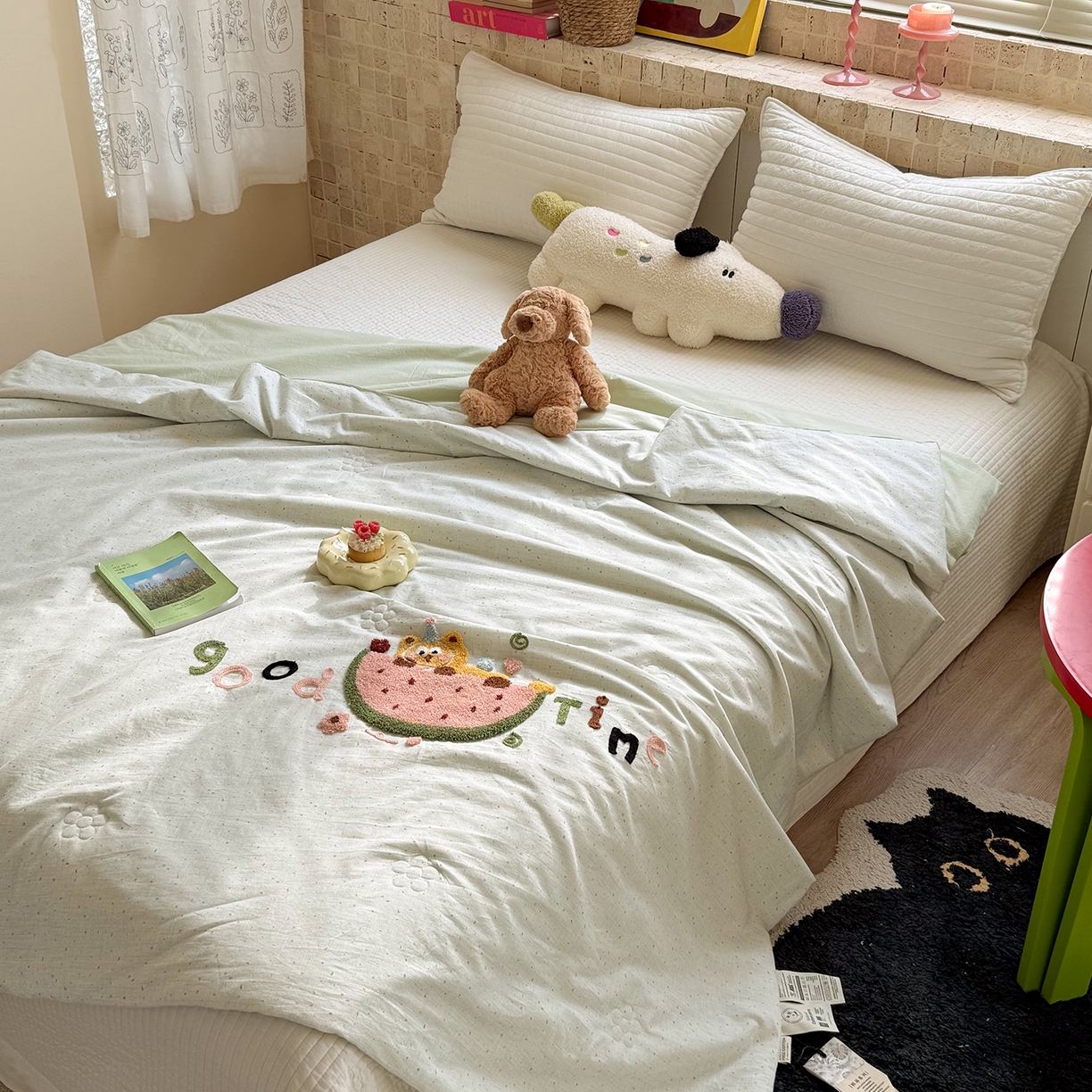 91家纺网 家纺一手货源 找家纺 有货 2026新款棉麻提花印花毛巾绣夏被春秋被被子被芯-甜趣 西瓜猫