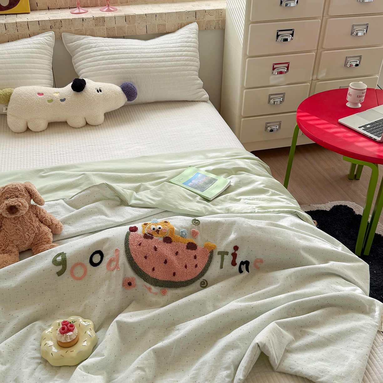 91家纺网 家纺一手货源 找家纺 有货 2026新款棉麻提花印花毛巾绣夏被春秋被被子被芯-甜趣 西瓜猫