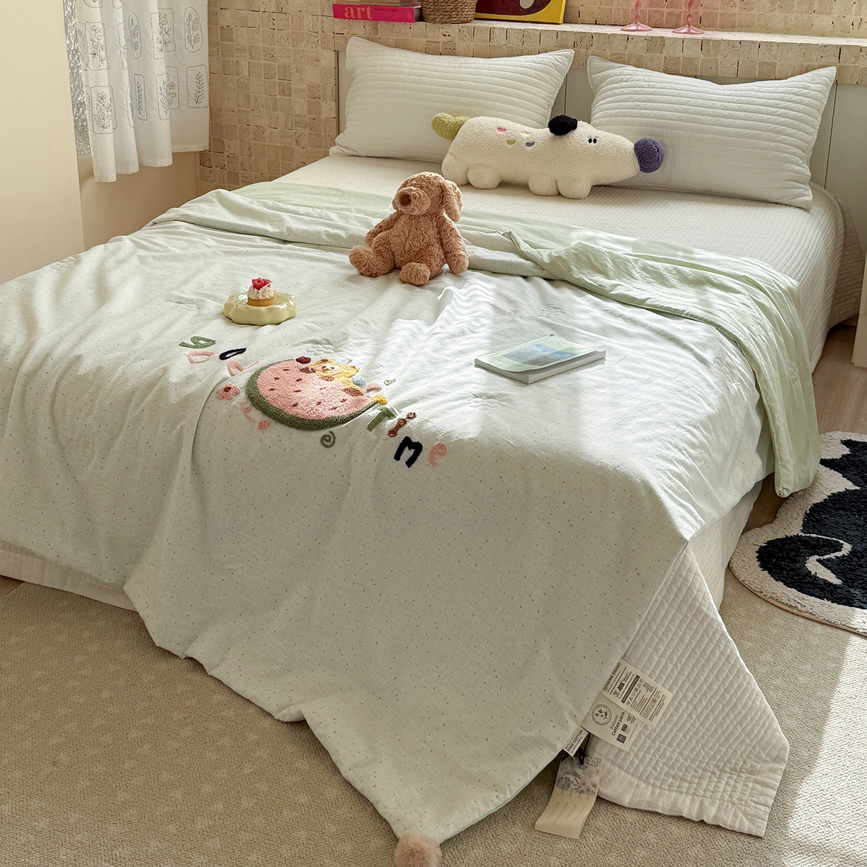 91家纺网 家纺一手货源 找家纺 有货 2026新款棉麻提花印花毛巾绣夏被春秋被被子被芯-甜趣 西瓜猫