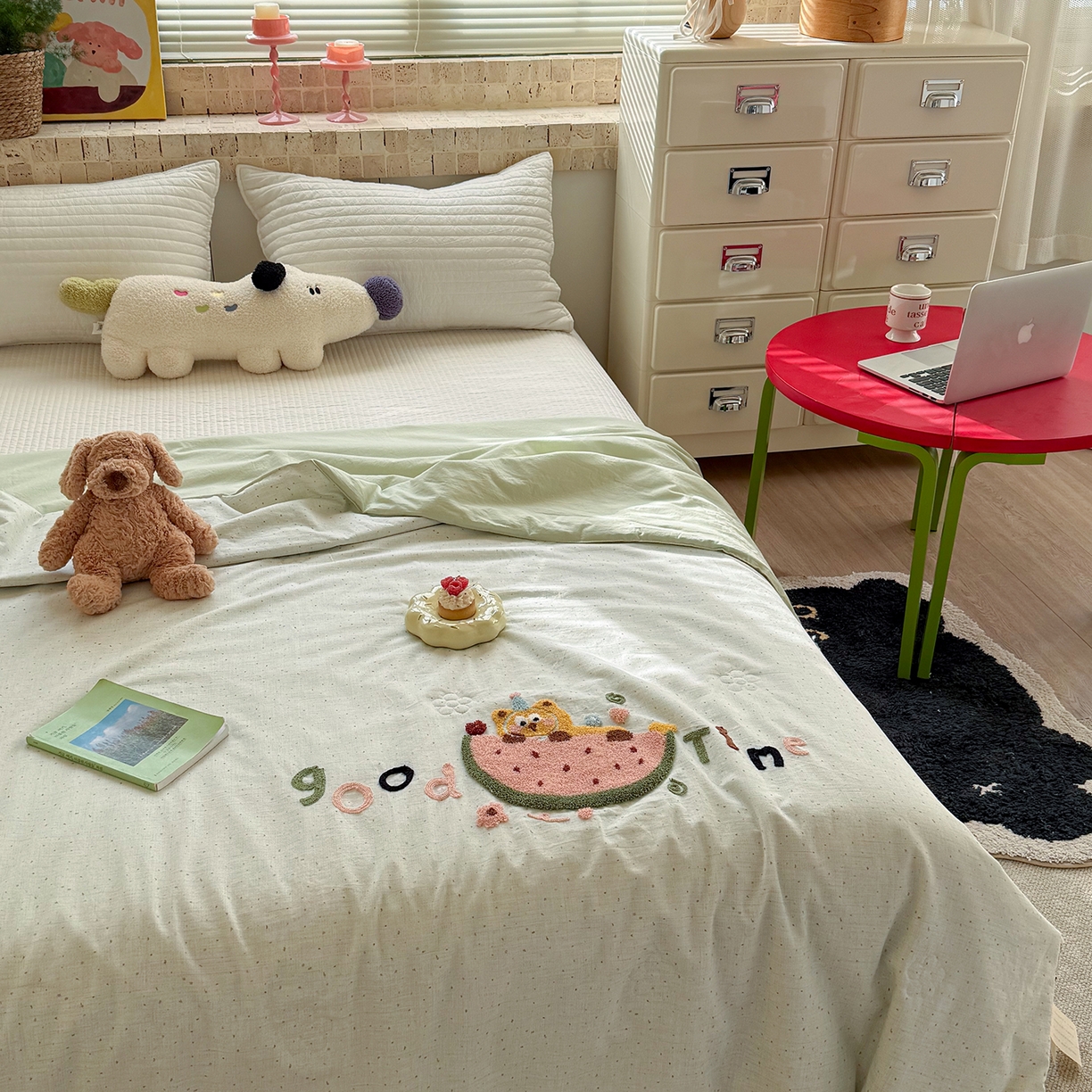 91家纺网 家纺一手货源 找家纺 有货 2026新款棉麻提花印花毛巾绣夏被春秋被被子被芯-甜趣 西瓜猫