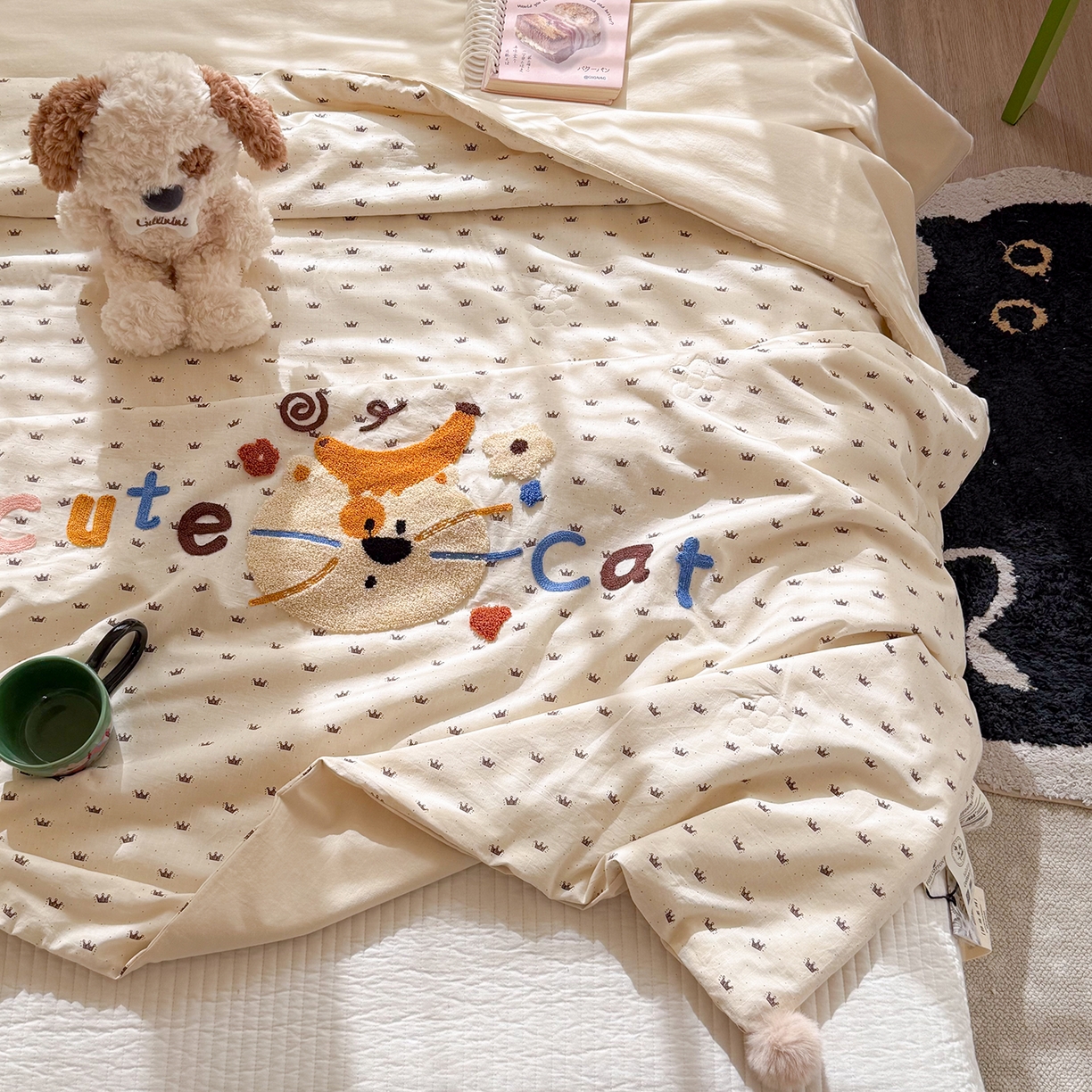 91家纺网 家纺一手货源 找家纺 有货 2026新款棉麻提花印花毛巾绣夏被春秋被被子被芯-甜趣 香蕉猫