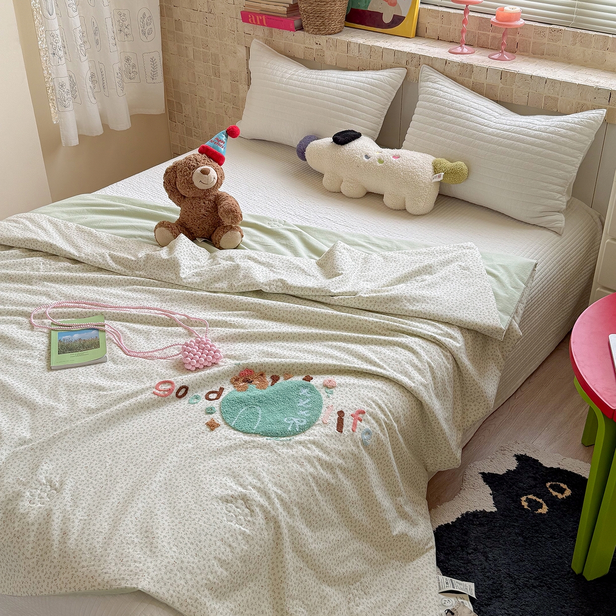 91家纺网 家纺一手货源 找家纺 有货 2026新款棉麻提花印花毛巾绣夏被春秋被被子被芯-甜趣 青苹果熊