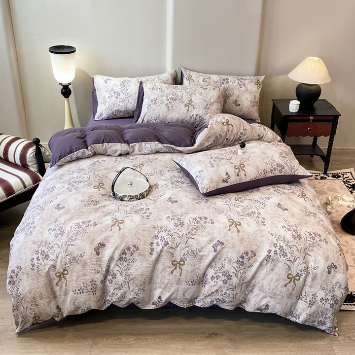 91家纺网 家纺一手货源 找家纺 红日子纺织品 2026春夏云感复古+小清新皱皱纱四件套 兰亭-紫