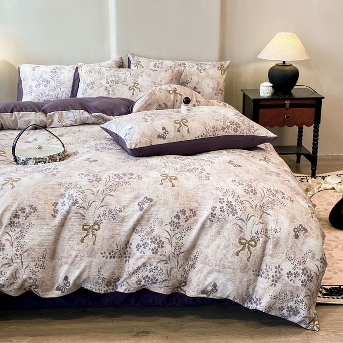 91家纺网 家纺一手货源 找家纺 红日子纺织品 2026春夏云感复古+小清新皱皱纱四件套 兰亭-紫