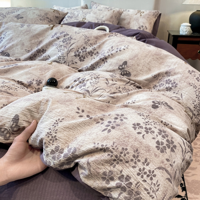 91家纺网 家纺一手货源 找家纺 红日子纺织品 2026春夏云感复古+小清新皱皱纱四件套 兰亭-紫