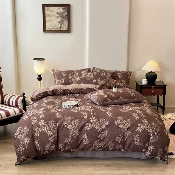 91家纺网 家纺一手货源 找家纺 红日子纺织品 2026春夏云感复古+小清新皱皱纱四件套 夕颜-棕