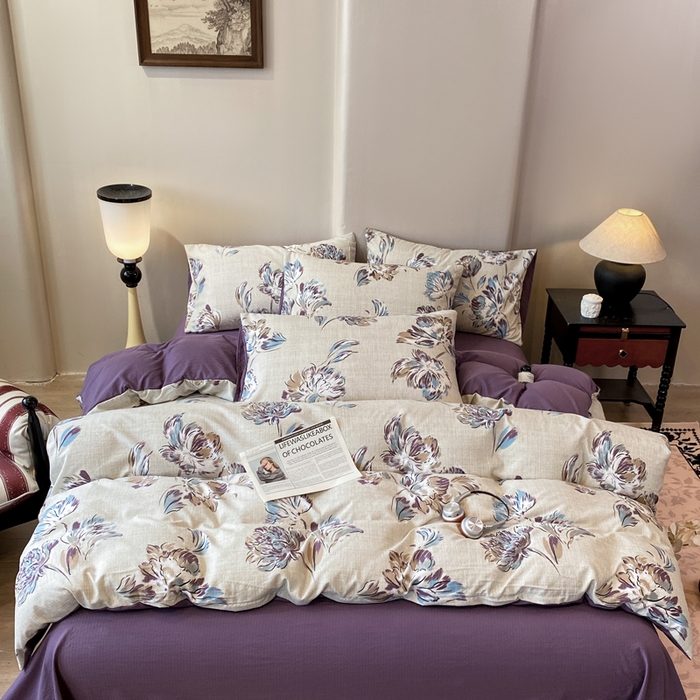 91家纺网 家纺一手货源 找家纺 红日子纺织品 2026春夏云感复古+小清新皱皱纱四件套 远黛-紫