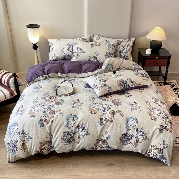 91家纺网 家纺一手货源 找家纺 红日子纺织品 2026春夏云感复古+小清新皱皱纱四件套 远黛-紫