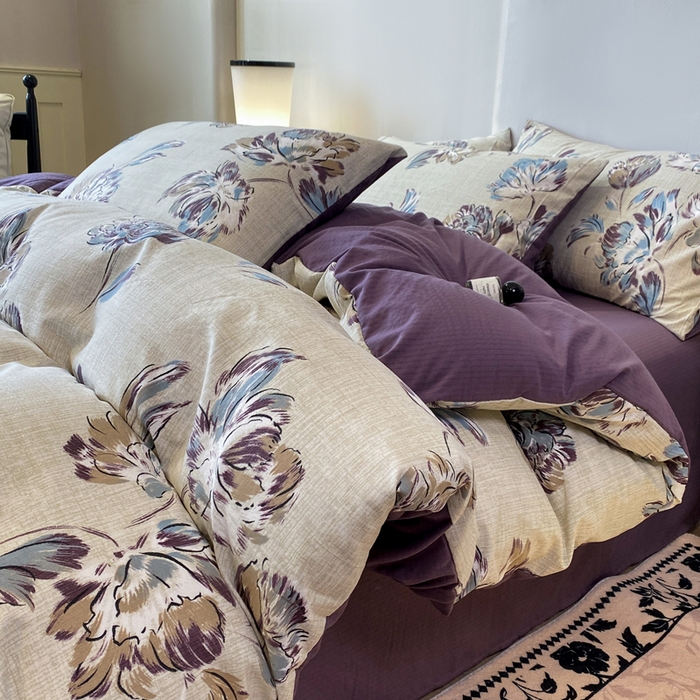 91家纺网 家纺一手货源 找家纺 红日子纺织品 2026春夏云感复古+小清新皱皱纱四件套 远黛-紫