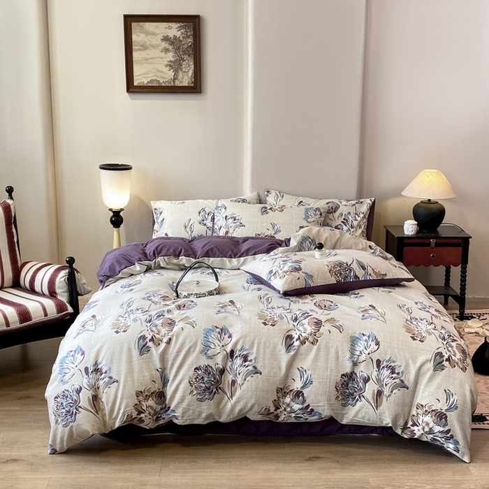 91家纺网 家纺一手货源 找家纺 红日子纺织品 2026春夏云感复古+小清新皱皱纱四件套 远黛-紫