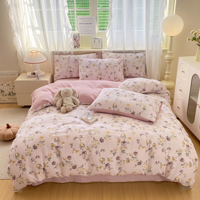 91家纺网 家纺一手货源 找家纺 红日子纺织品 2026春夏云感复古+小清新皱皱纱四件套 半岛花园