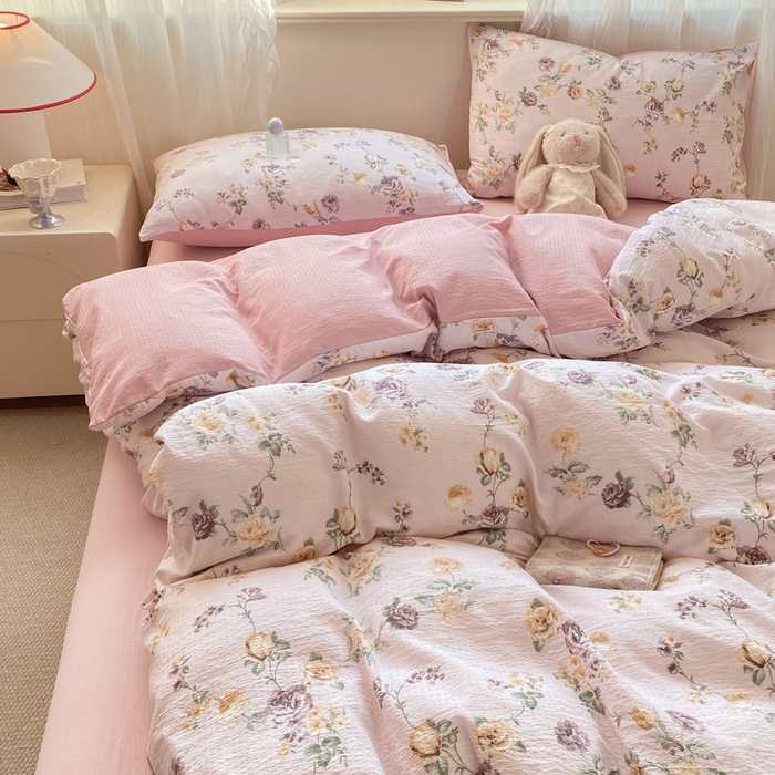 91家纺网 家纺一手货源 找家纺 红日子纺织品 2026春夏云感复古+小清新皱皱纱四件套 半岛花园