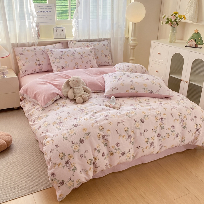 91家纺网 家纺一手货源 找家纺 红日子纺织品 2026春夏云感复古+小清新皱皱纱四件套 半岛花园