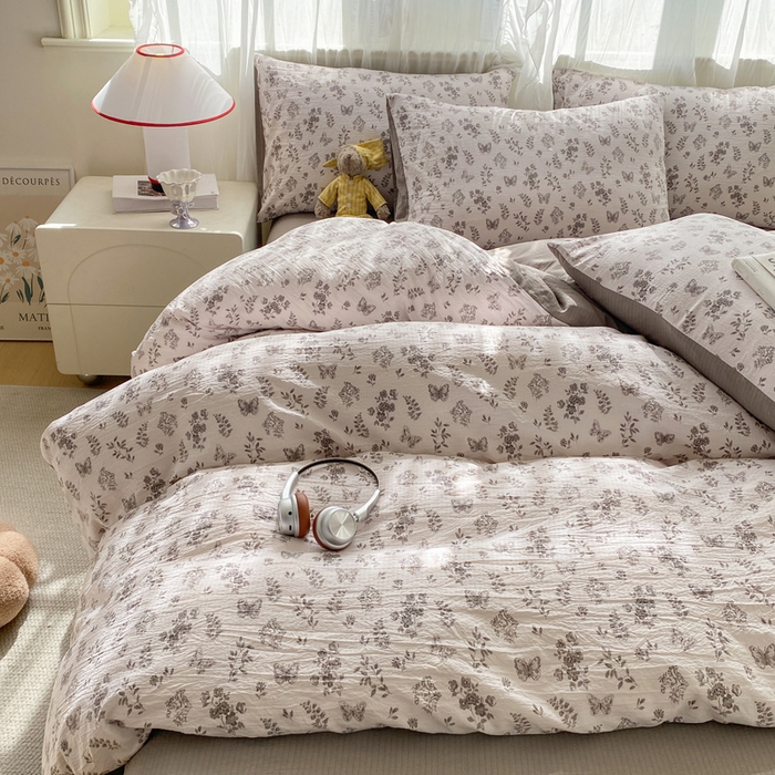 红日子纺织品 2026春夏云感复古+小清新皱皱纱四件套 浮梦花影