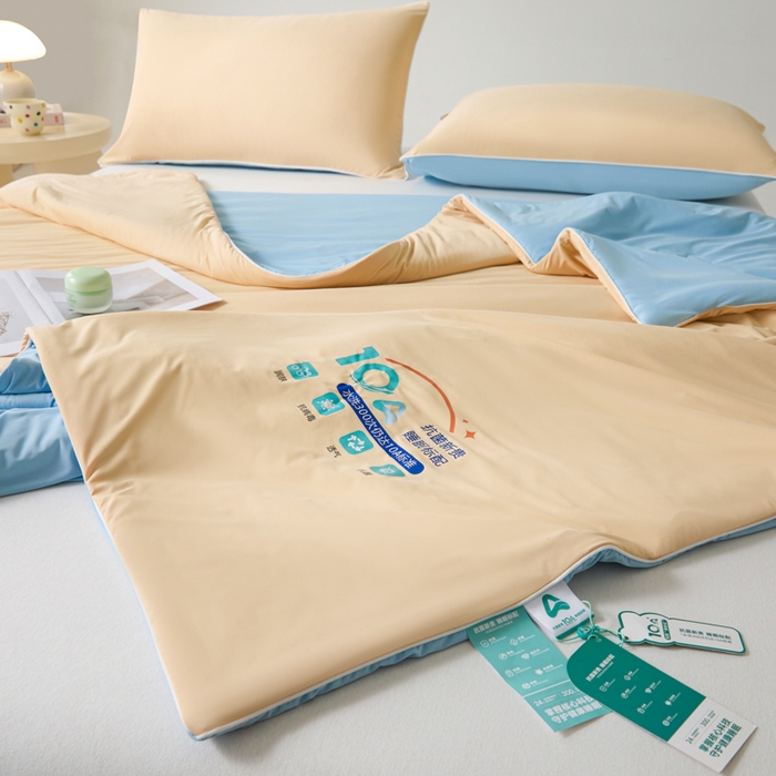 91家纺网 家纺一手货源 找家纺 宝士康家纺 2026春夏新款10A抗菌凉感丝夏被夏凉被空调被 暖橘蓝冰