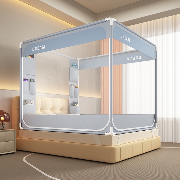 91家纺网 家纺一手货源 找家纺 富莱星蚊帐 2026新款双丝加厚坐床蚊帐大力士围栏擎天柱支架-梦境 梦境-灰紫