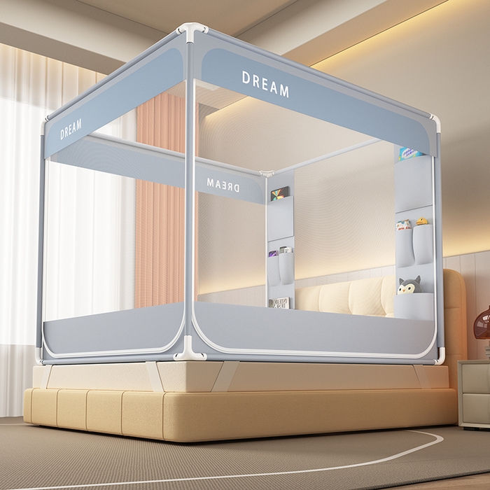 91家纺网 家纺一手货源 找家纺 富莱星蚊帐 2026新款双丝加厚坐床蚊帐大力士围栏擎天柱支架-梦境 梦境-灰紫