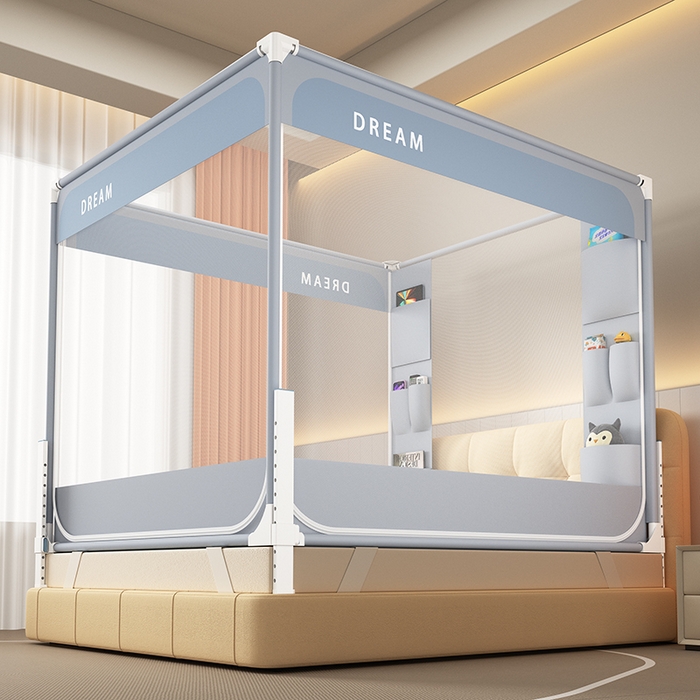 91家纺网 家纺一手货源 找家纺 富莱星蚊帐 2026新款双丝加厚坐床蚊帐大力士围栏擎天柱支架-梦境 梦境-灰紫