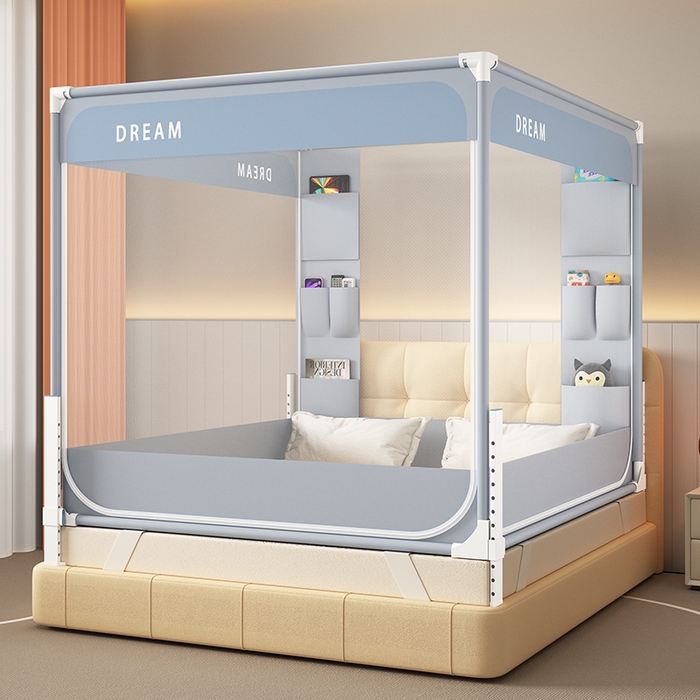 91家纺网 家纺一手货源 找家纺 富莱星蚊帐 2026新款双丝加厚坐床蚊帐大力士围栏擎天柱支架-梦境 梦境-灰紫