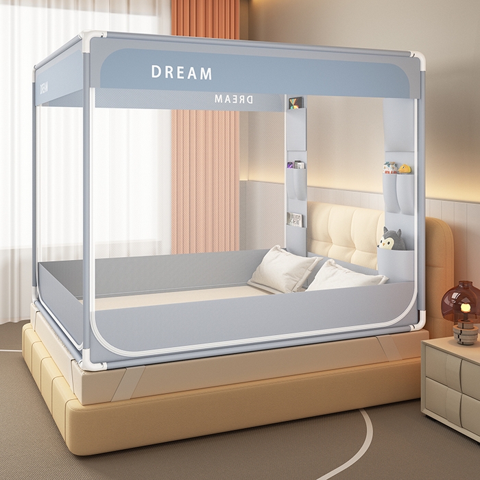 91家纺网 家纺一手货源 找家纺 富莱星蚊帐 2026新款双丝加厚坐床蚊帐大力士围栏擎天柱支架-梦境 梦境-灰紫