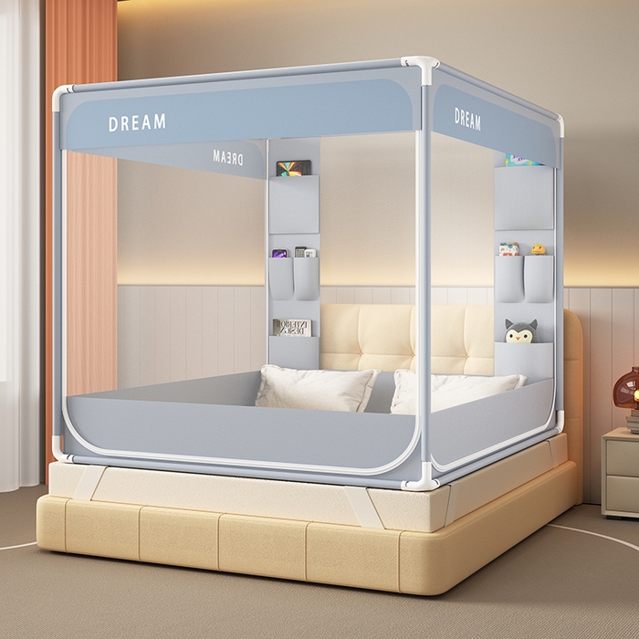 91家纺网 家纺一手货源 找家纺 富莱星蚊帐 2026新款双丝加厚坐床蚊帐大力士围栏擎天柱支架-梦境 梦境-灰紫