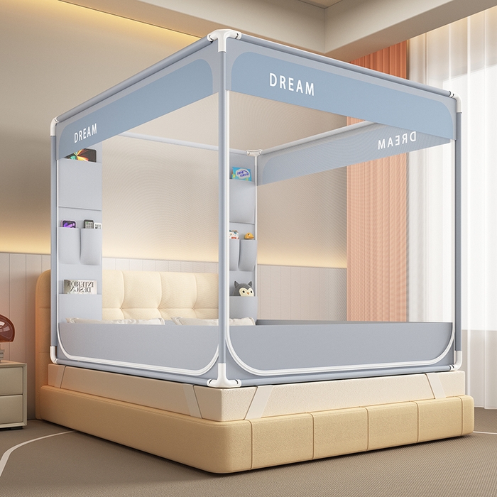 91家纺网 家纺一手货源 找家纺 富莱星蚊帐 2026新款双丝加厚坐床蚊帐大力士围栏擎天柱支架-梦境 梦境-灰紫