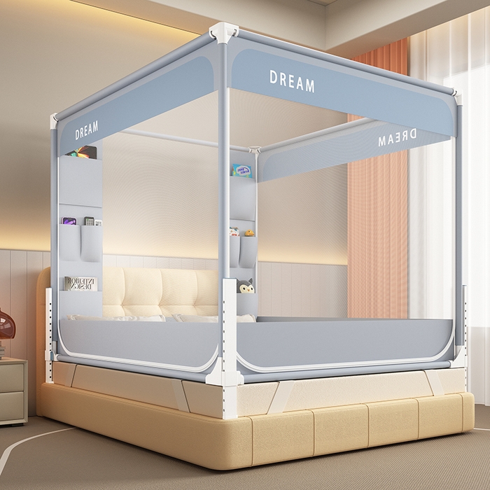 91家纺网 家纺一手货源 找家纺 富莱星蚊帐 2026新款双丝加厚坐床蚊帐大力士围栏擎天柱支架-梦境 梦境-灰紫