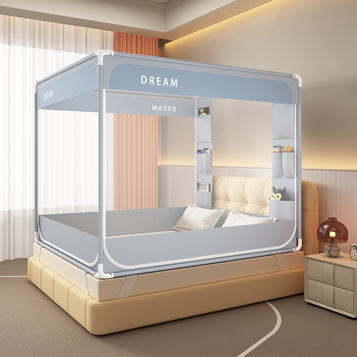 91家纺网 家纺一手货源 找家纺 富莱星蚊帐 2026新款双丝加厚坐床蚊帐大力士围栏擎天柱支架-梦境 梦境-灰紫